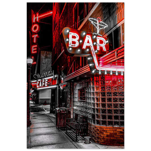 Famous in the Dark: The Murray Hotel & Bar Red, Black, and White Brushed Aluminum Print