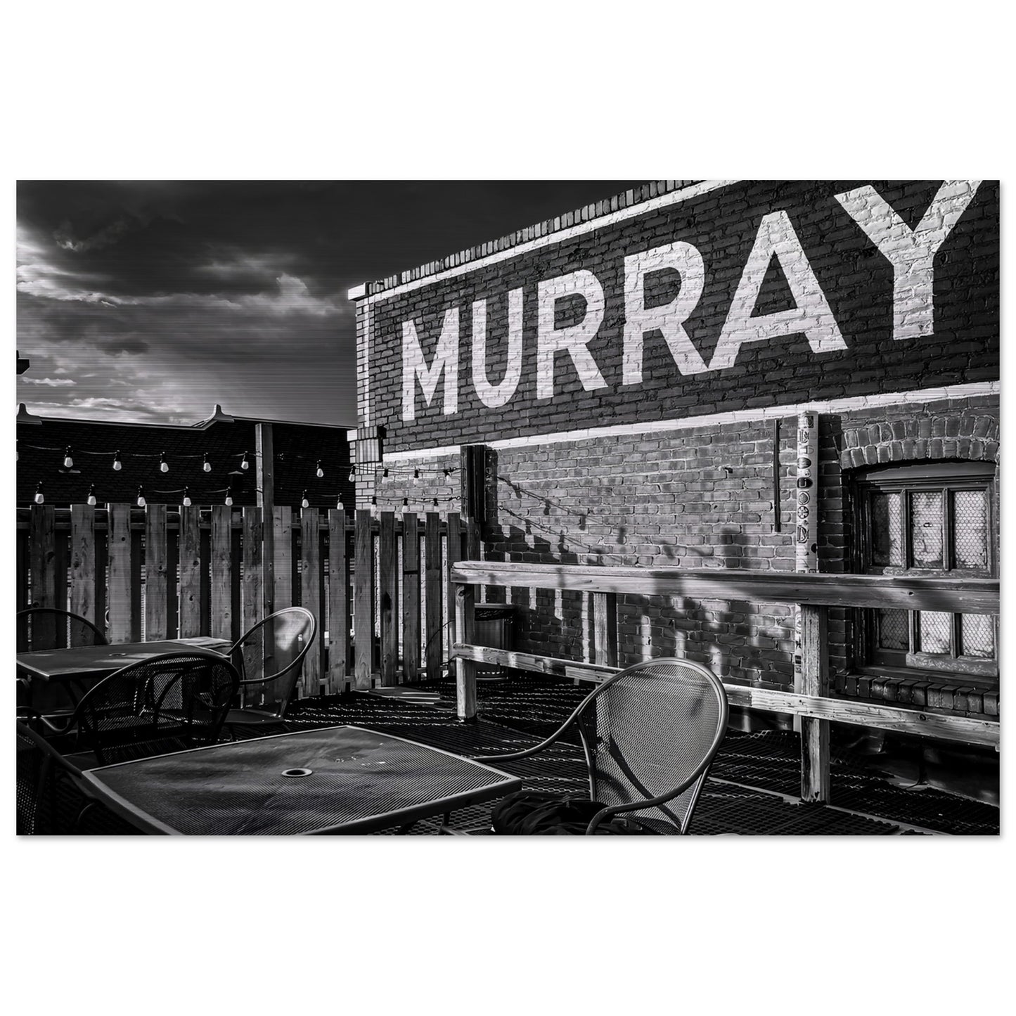 Rooftop Patio; Livingston, Montana Black & White Brushed Aluminum Print