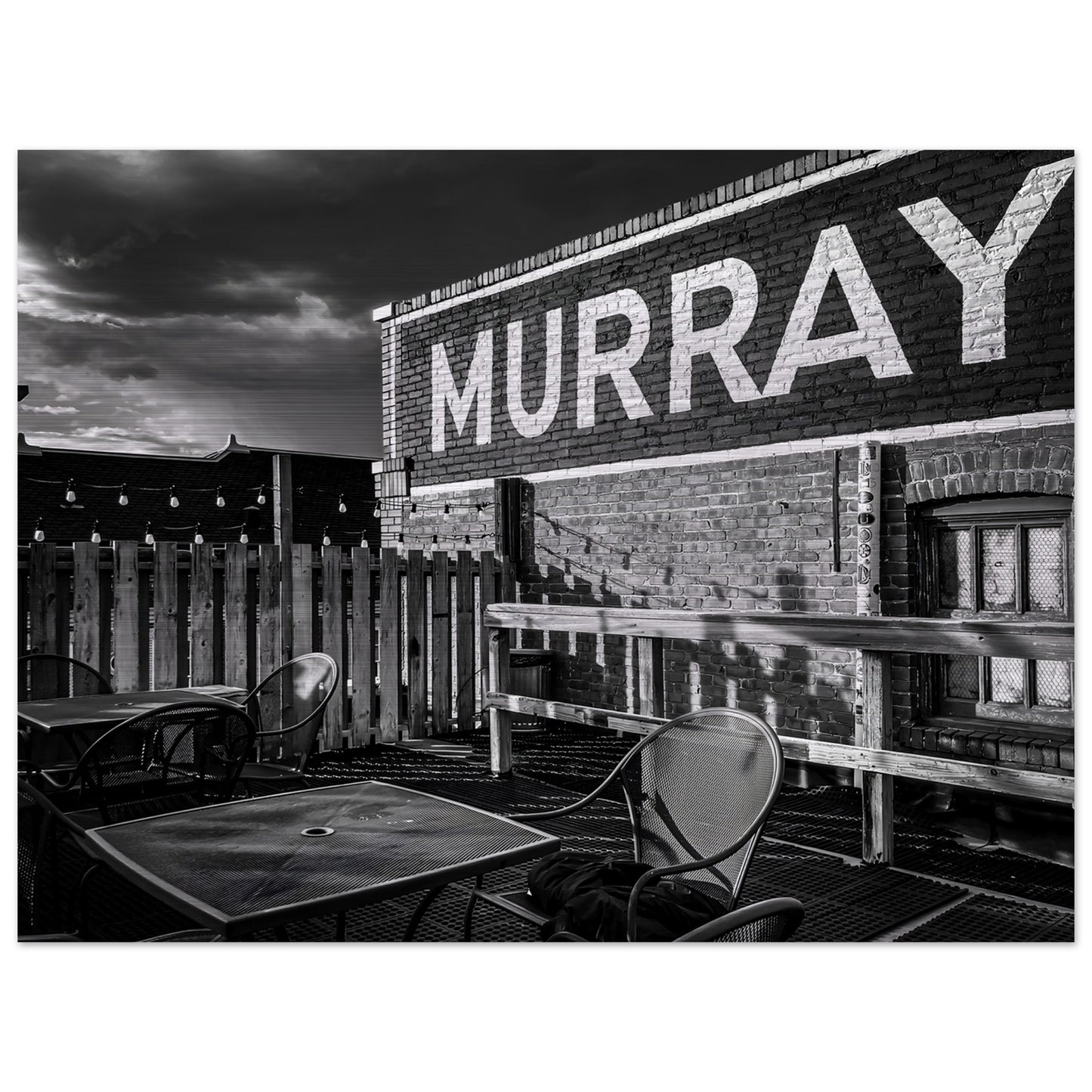 Rooftop Patio; Livingston, Montana Black & White Brushed Aluminum Print