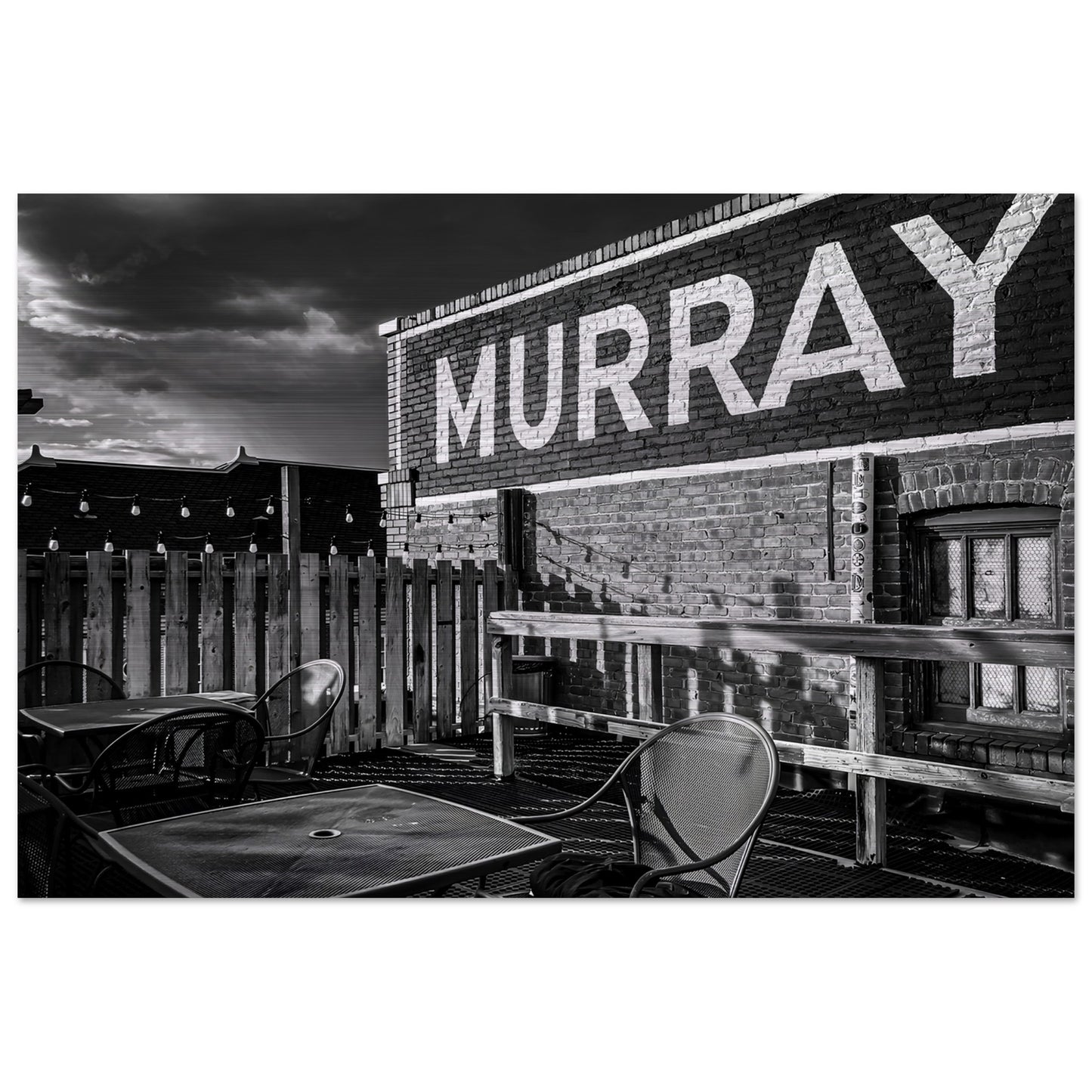 Rooftop Patio; Livingston, Montana Black & White Brushed Aluminum Print