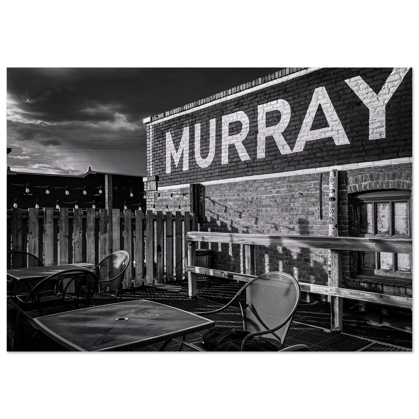 Rooftop Patio; Livingston, Montana Black & White Brushed Aluminum Print