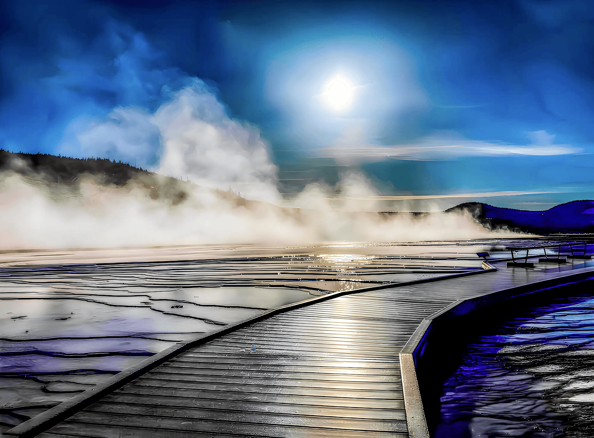 A Dusk walk on the empty boardwalks of the Grand Prismatic Spring in Yellowstone National Park, Wyoming.