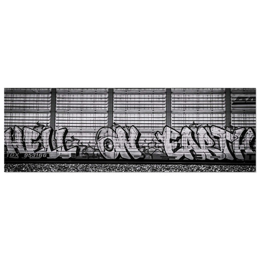 "Hell On Earth;" Train Car Graffiti, Livingston, Montana Black & White Aluminum Print Communitea Books James Bonner