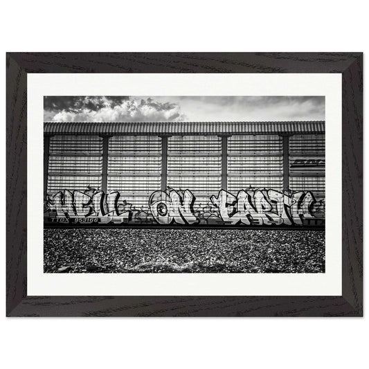 "Hell On Earth;" Train Car Graffiti, Livingston, Montana Black & White Wood Framed Print Communitea Books James Bonner