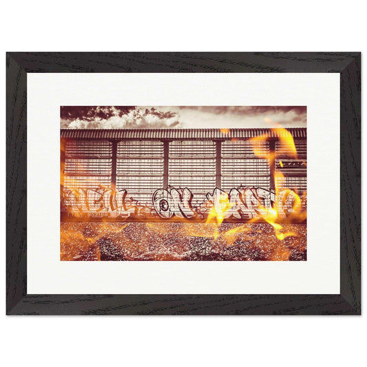 "Hell On Earth" W/ Fire; Train Car Graffiti, Livingston, Montana Wood Framed Print Communitea Books James Bonner