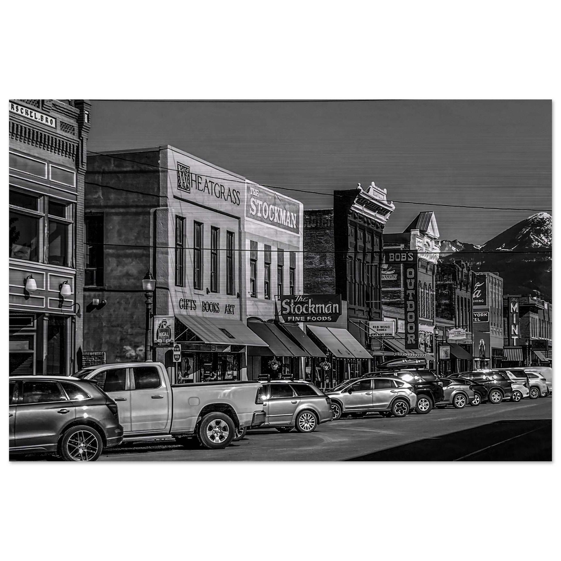Main Street; Livingston, Montana Black & White Brushed Aluminum Print Communitea Books James Bonner