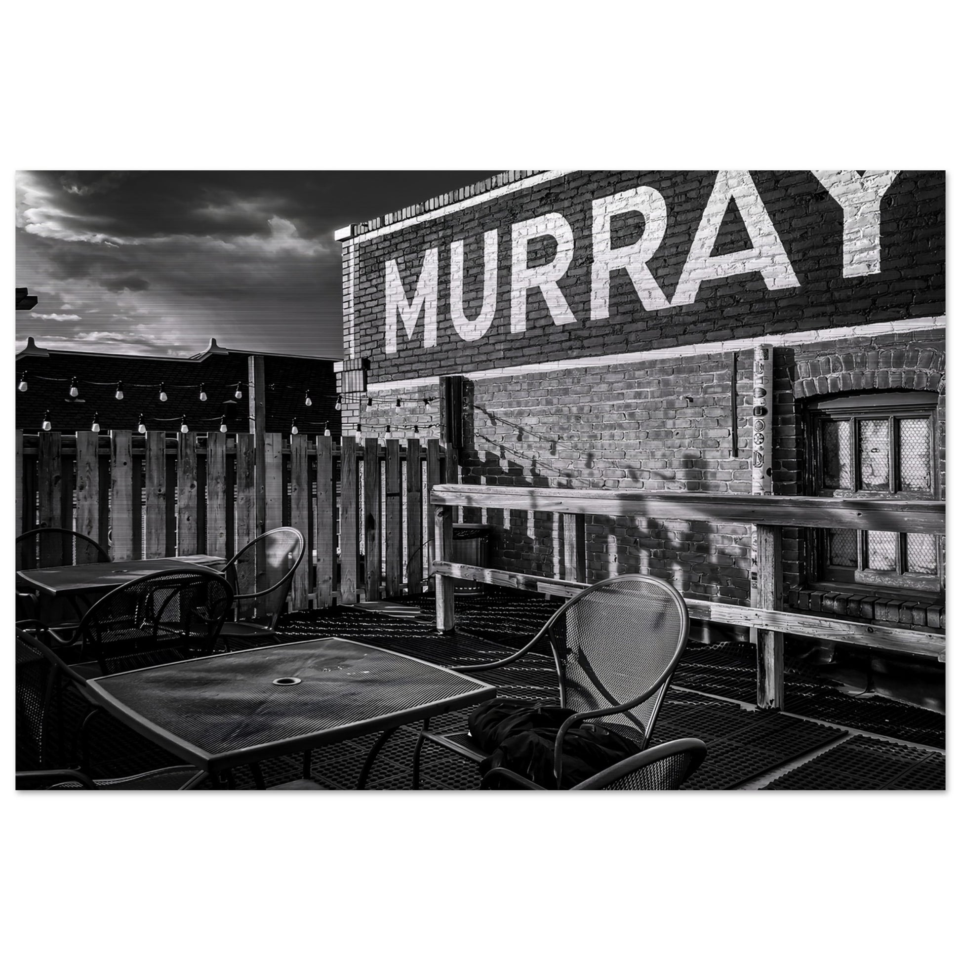 Rooftop Patio; Livingston, Montana Black & White Brushed Aluminum Print Communitea Books James Bonner